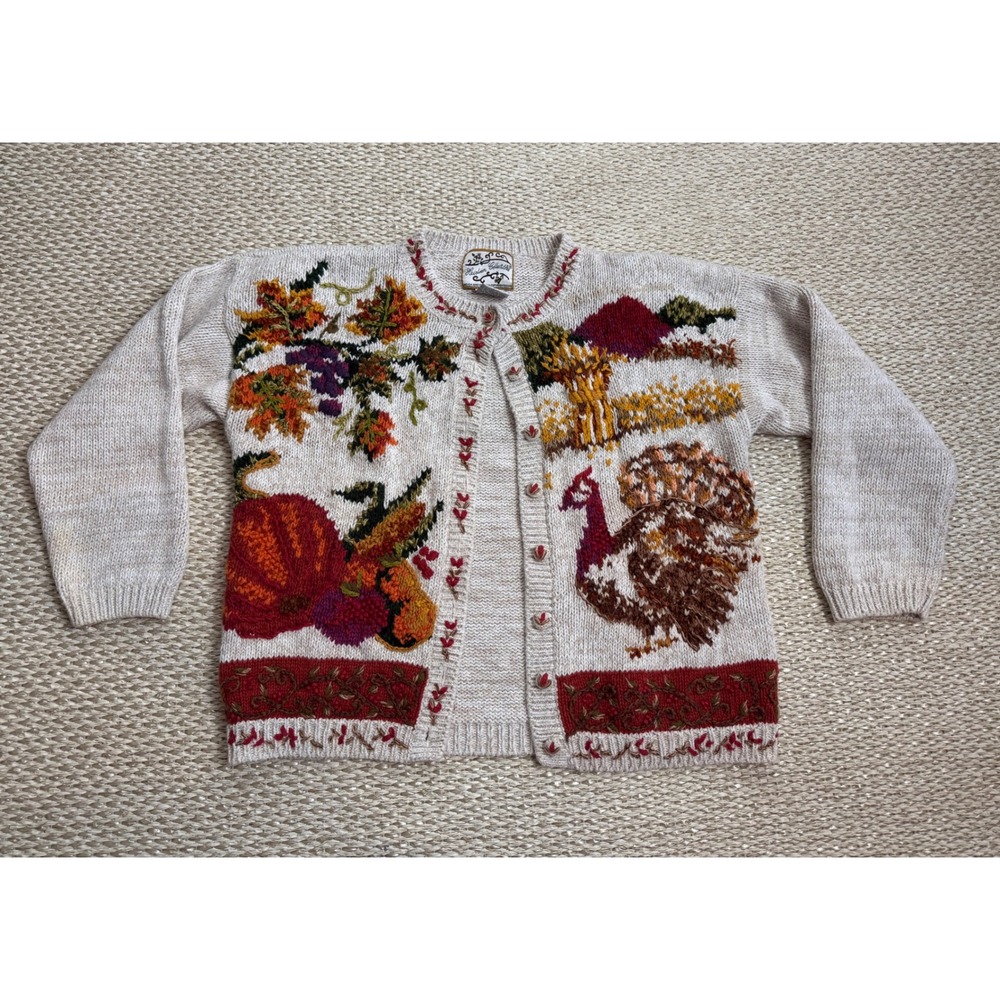 Vintage Heirloom Collectibles Thanksgiving Turkey Pumpkin Cardigan Sweater Large